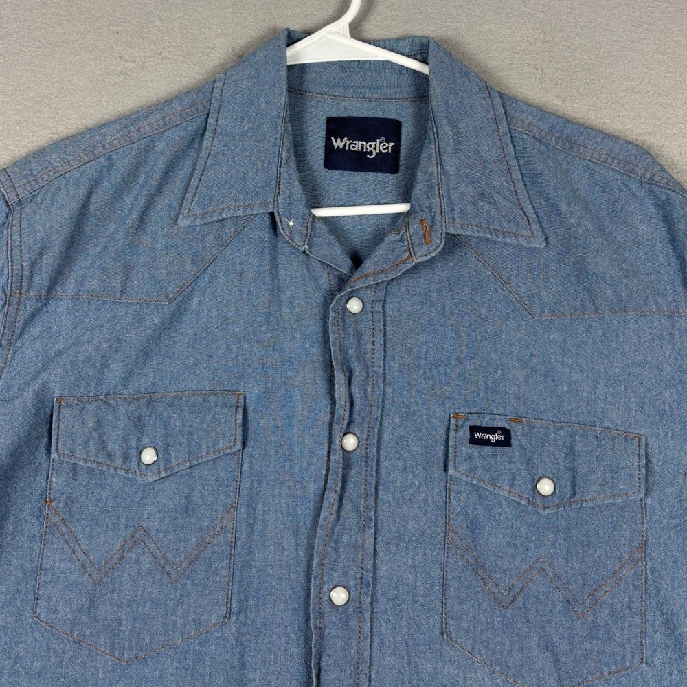 Wrangler Western Pearl Snap Shirt Blue Chambray Large Blue - Picture 3 of 9